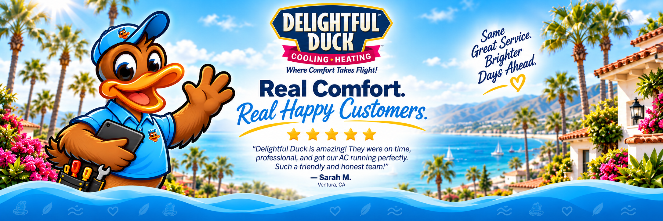 Delightful Duck HVAC mascot holding a tablet and tools beside branding, with a Southern California coastal scene and customer testimonial.