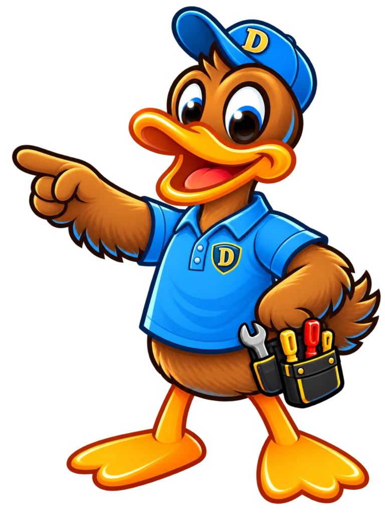 Delightful Duck mascot pointing toward the service buttons