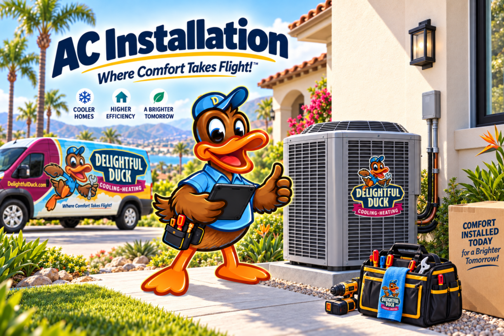 Delightful Duck HVAC mascot beside a new outdoor AC condenser, service van, tools, and “AC Installation” message.
