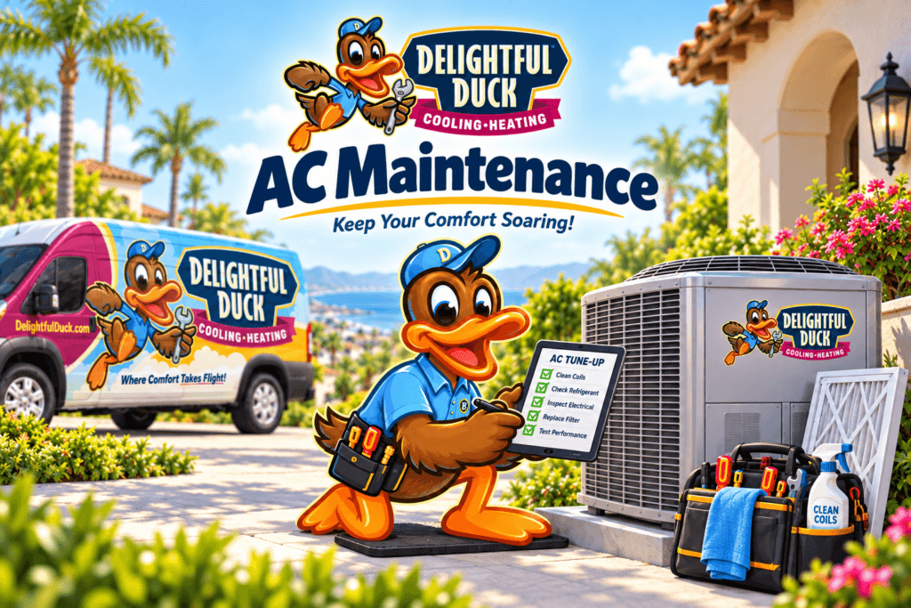 Delightful Duck HVAC mascot holding an AC maintenance checklist beside an outdoor air conditioner, service van, tools, and replacement filter.