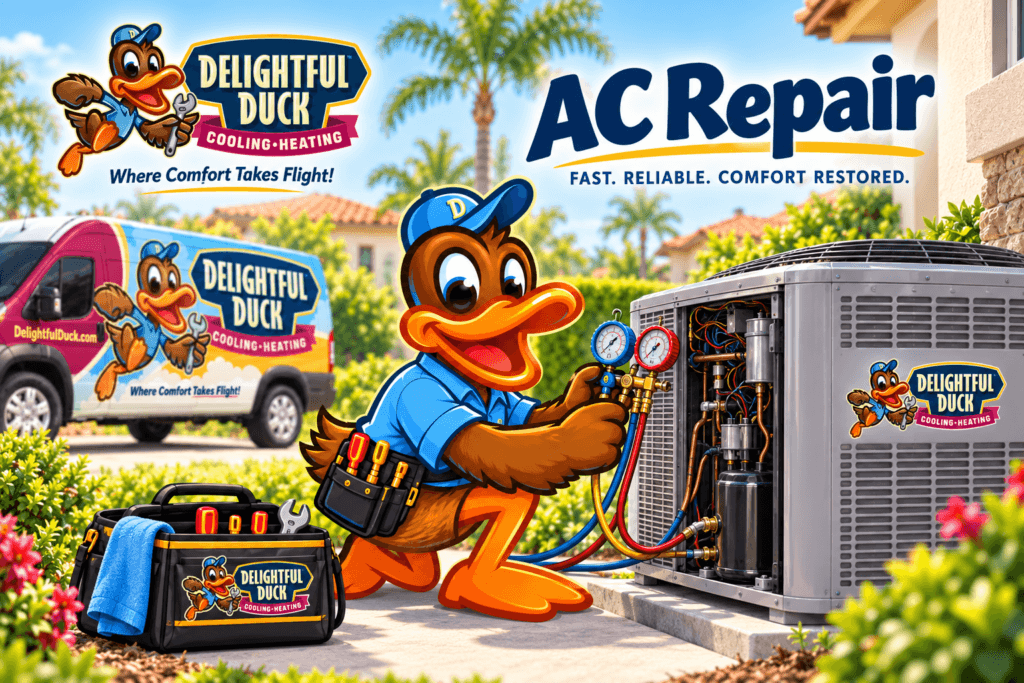 Delightful Duck HVAC mascot inspecting an open outdoor AC condenser with gauges and service tools during AC repair.