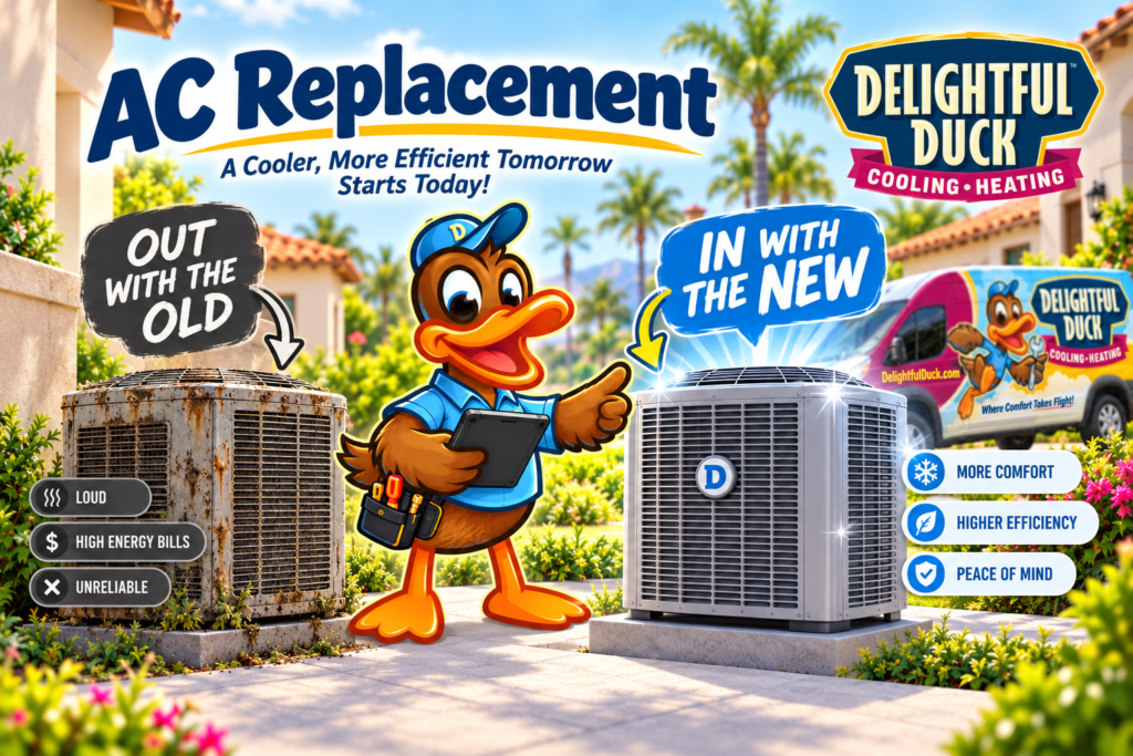 AC replacement graphic showing a worn outdoor air conditioner being replaced by a new efficient unit beside the Delightful Duck mascot.