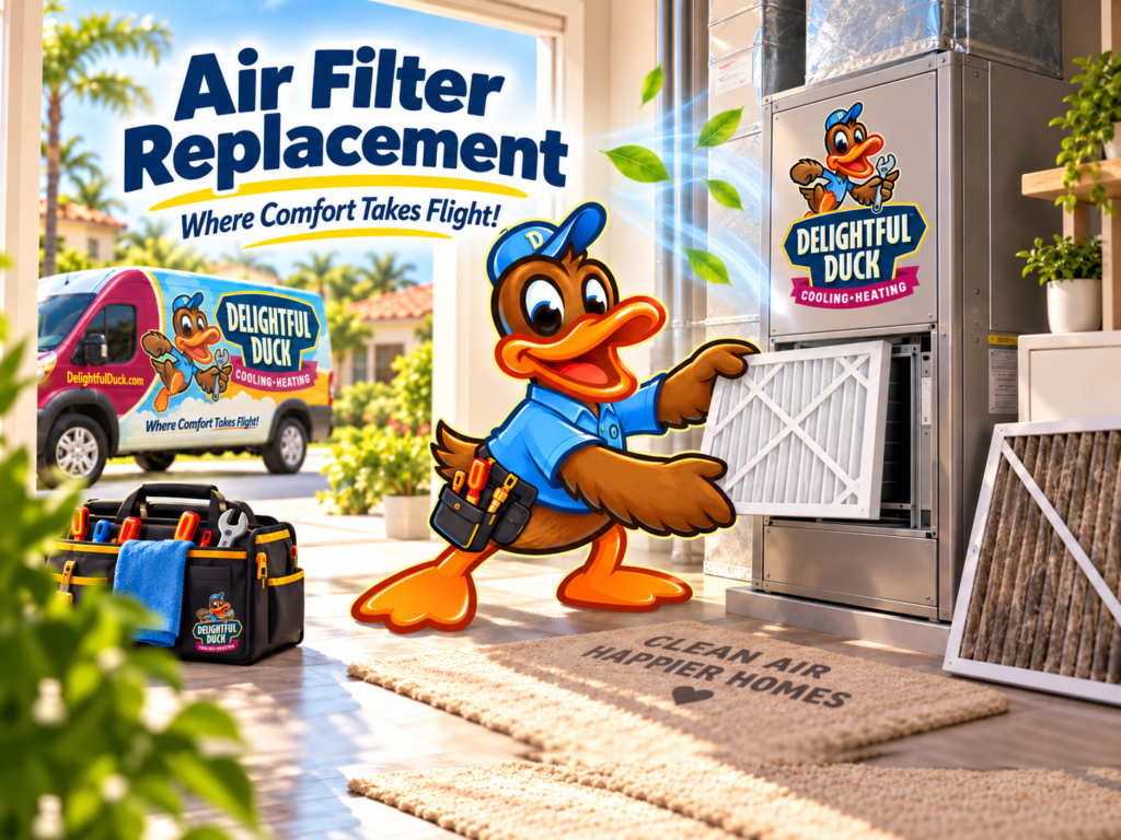 Delightful Duck HVAC mascot beside a residential air handler with a replacement air filter, promoting cleaner indoor air and air filter replacement.