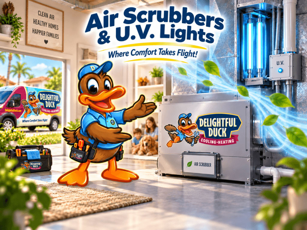 Delightful Duck HVAC mascot beside an air scrubber and UV light system installed in a residential indoor air quality setting.