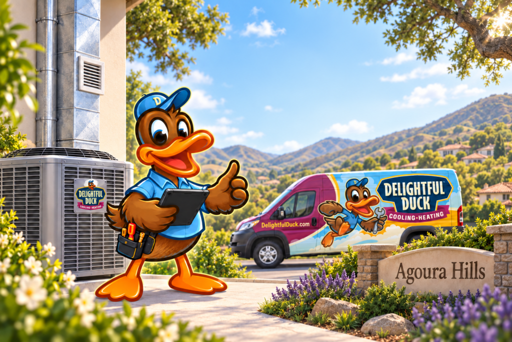 Delightful Duck HVAC mascot beside an outdoor AC unit and branded service van in Agoura Hills, California.