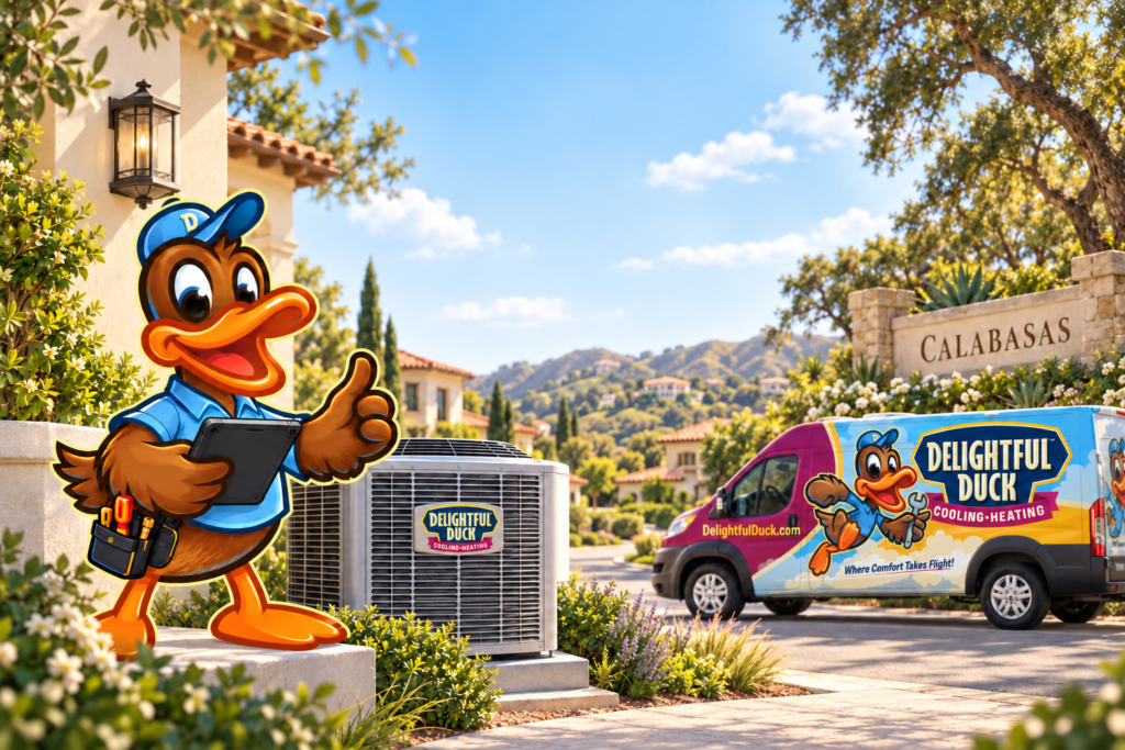 Delightful Duck HVAC mascot beside an outdoor air conditioning unit and branded service van in Calabasas, California.