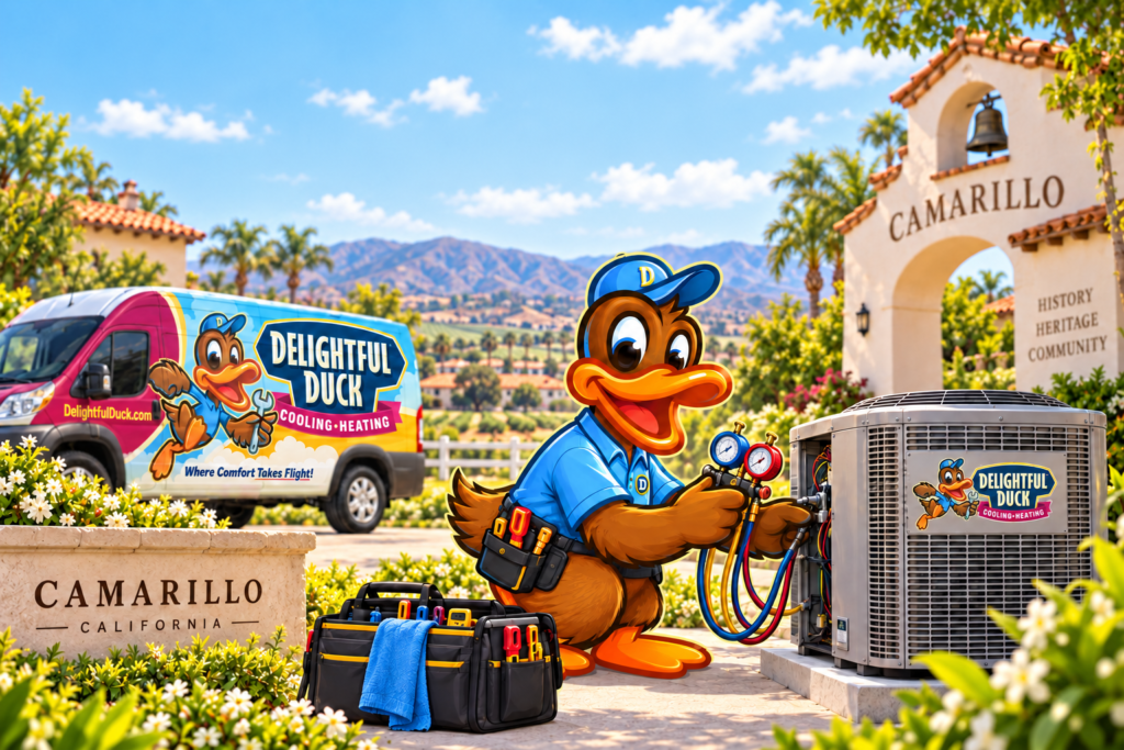 Delightful Duck HVAC mascot checking gauges beside a branded outdoor air conditioning condenser in Camarillo, California.