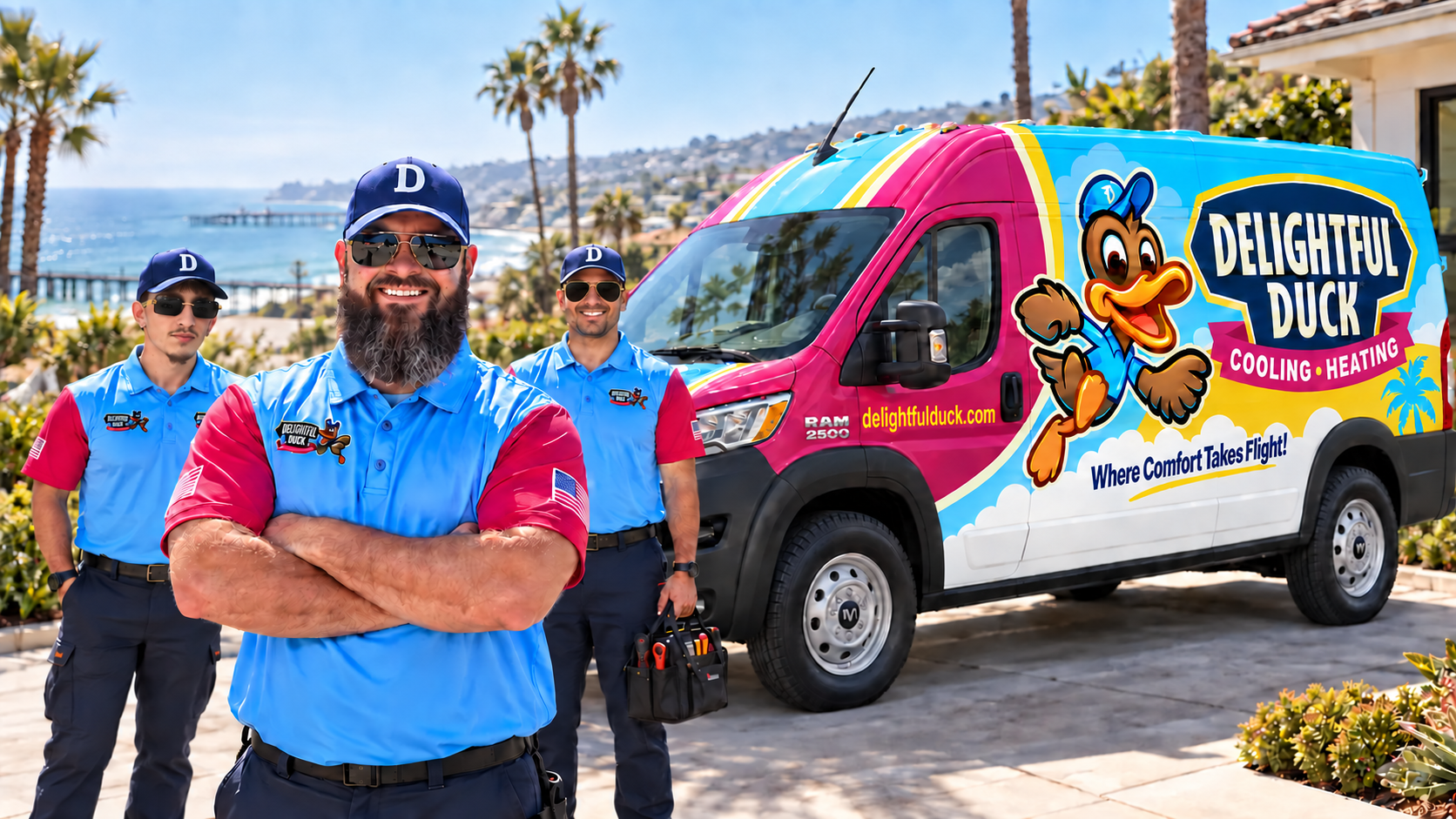 Three Delightful Duck HVAC technicians wearing sunglasses beside a branded service van on the Southern California coast.