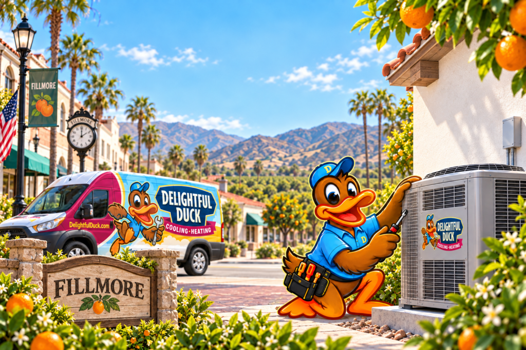Delightful Duck HVAC mascot beside a residential outdoor air conditioning unit, service van, and Fillmore, California streetscape.