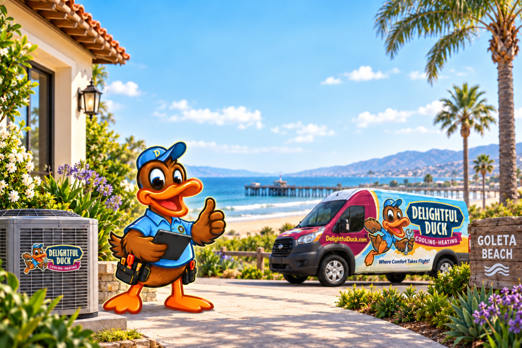 Delightful Duck HVAC mascot beside a residential AC condenser and branded service van at Goleta Beach in California.
