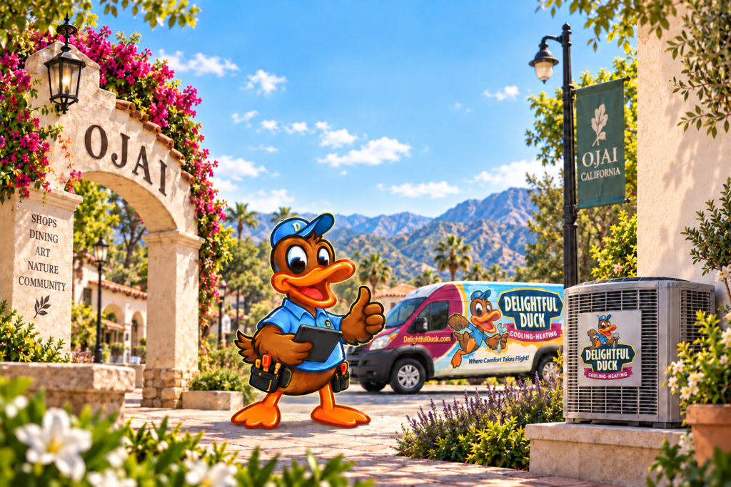 Delightful Duck HVAC mascot beside an outdoor AC condenser, branded service van, and Ojai arch representing heating and cooling services in Ojai, California.