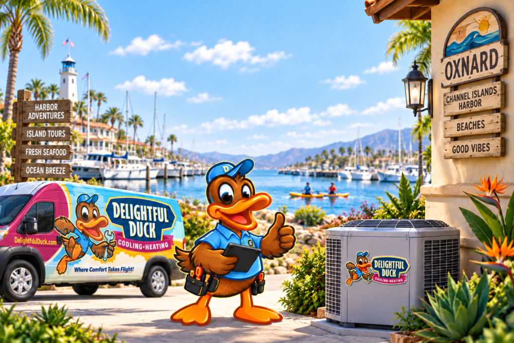Delightful Duck HVAC mascot illustration beside a branded outdoor AC condenser and service van at Oxnard’s Channel Islands Harbor.