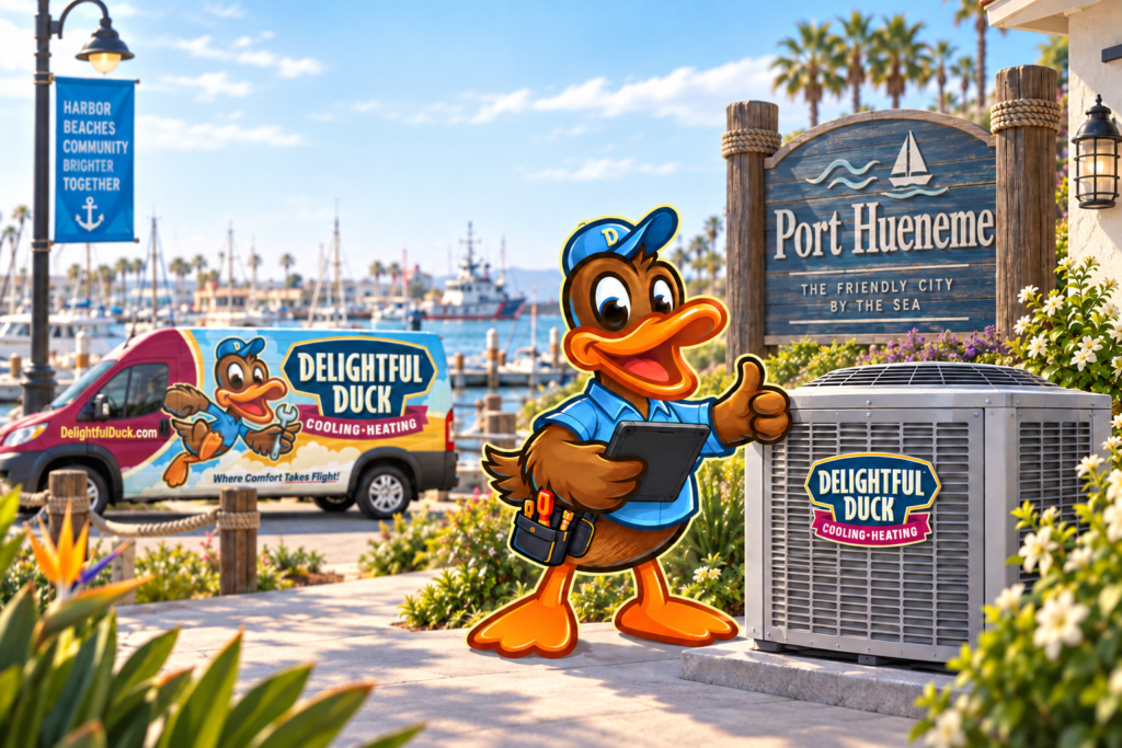 Delightful Duck mascot beside an outdoor AC condenser and branded service van at the Port Hueneme harbor in Port Hueneme, California.