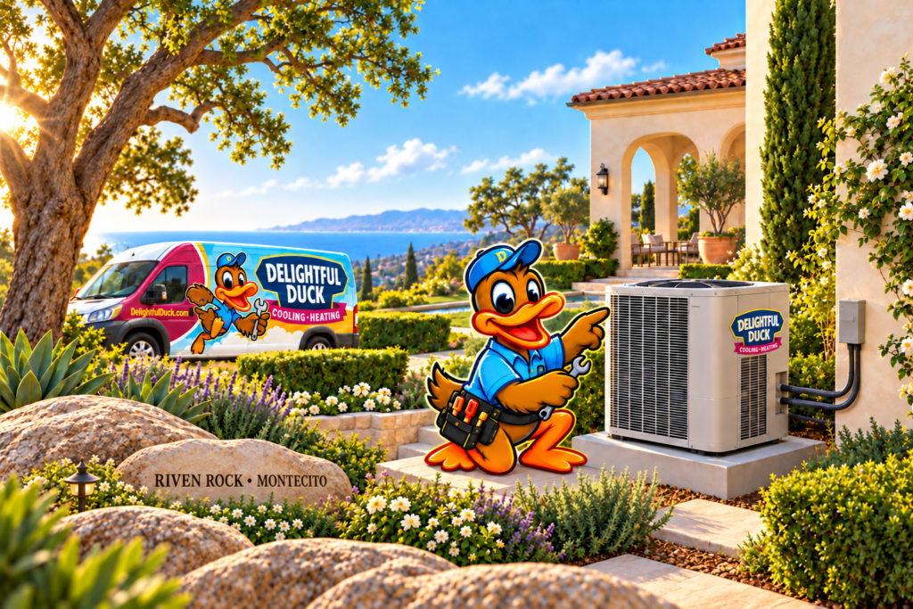Delightful Duck HVAC mascot beside an outdoor air conditioning condenser in a landscaped Montecito, California garden.