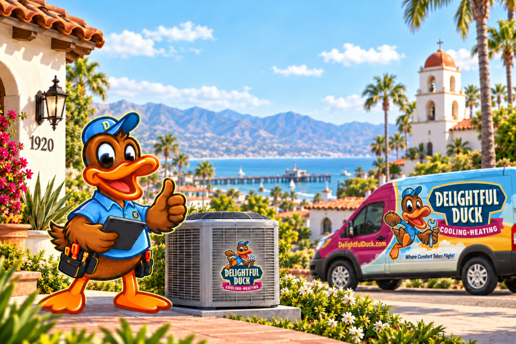 Delightful Duck HVAC mascot beside a residential outdoor air conditioning condenser and branded service van in a sunny coastal California setting.