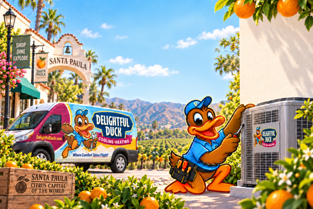 Delightful Duck mascot illustration inspecting an outdoor air conditioning condenser in Santa Paula, California, beside a branded service van.