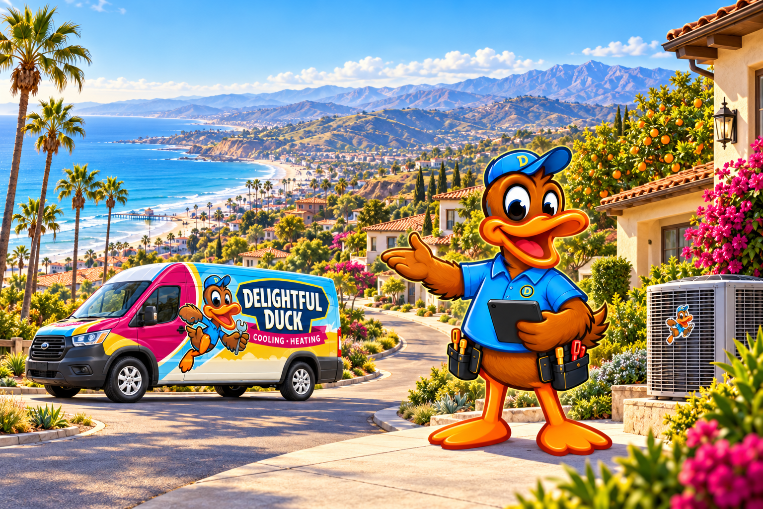 Delightful Duck HVAC mascot beside a branded service van and outdoor air conditioning unit in a sunny Southern California coastal neighborhood.