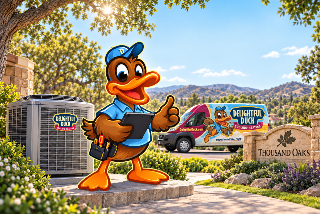 Delightful Duck HVAC mascot with a clipboard beside an outdoor AC condenser and service van at a Thousand Oaks, California entrance.