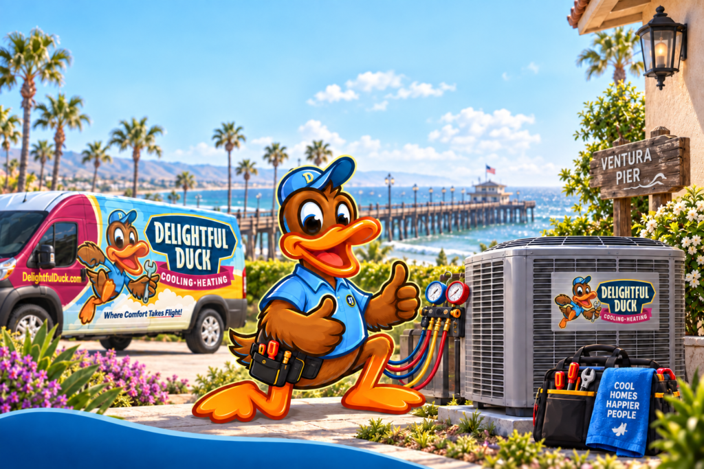 Delightful Duck HVAC mascot representing heating and cooling services in Ventura, California.