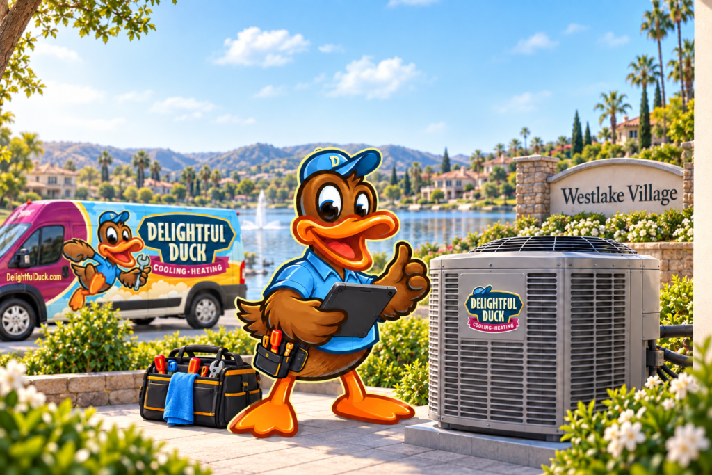 Delightful Duck mascot with HVAC tools beside a residential outdoor air conditioning condenser in Westlake Village.