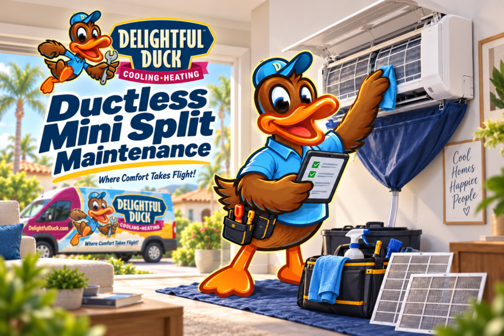 Delightful Duck mascot cleaning a wall-mounted ductless mini split indoor unit during mini split maintenance.