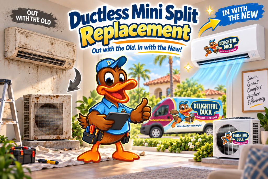 Ductless mini split replacement graphic showing old dirty HVAC units, new efficient units, and the Delightful Duck HVAC mascot.