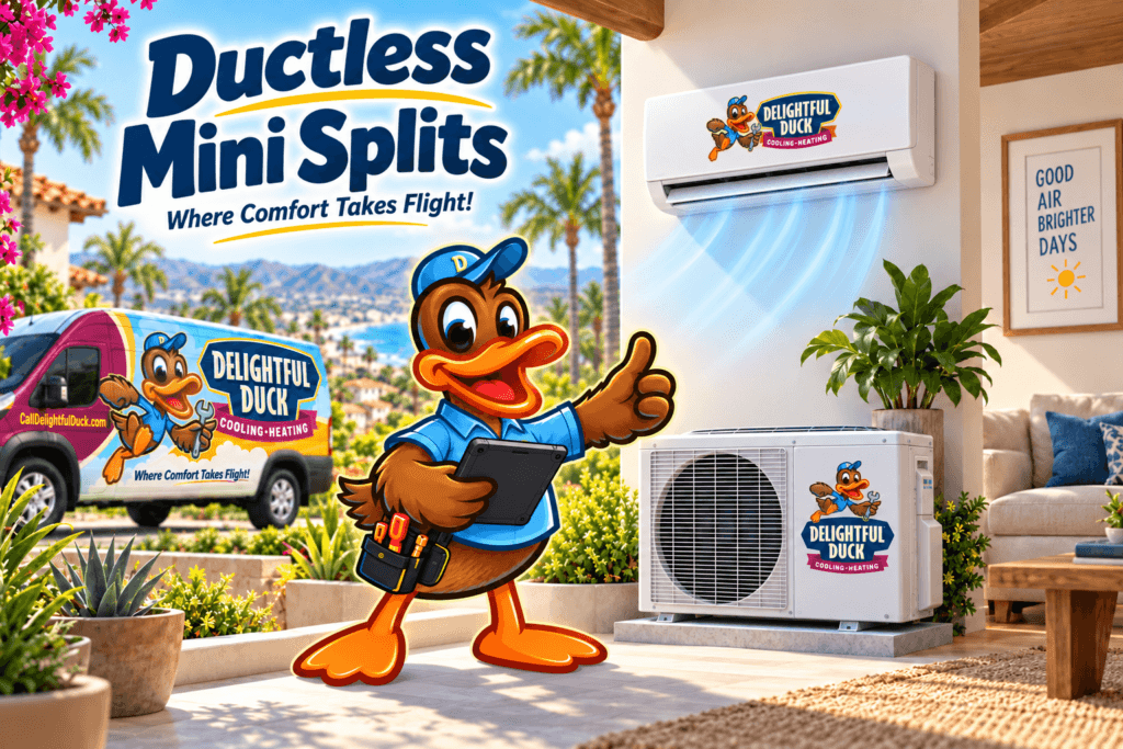 Ductless mini split system with indoor wall unit and outdoor condenser beside the Delightful Duck HVAC mascot and service van.