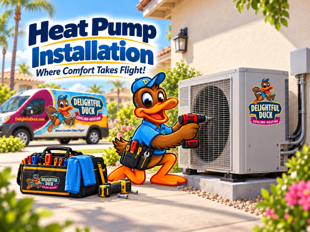 Delightful Duck HVAC mascot installing a residential outdoor heat pump beside a branded service van and tools.