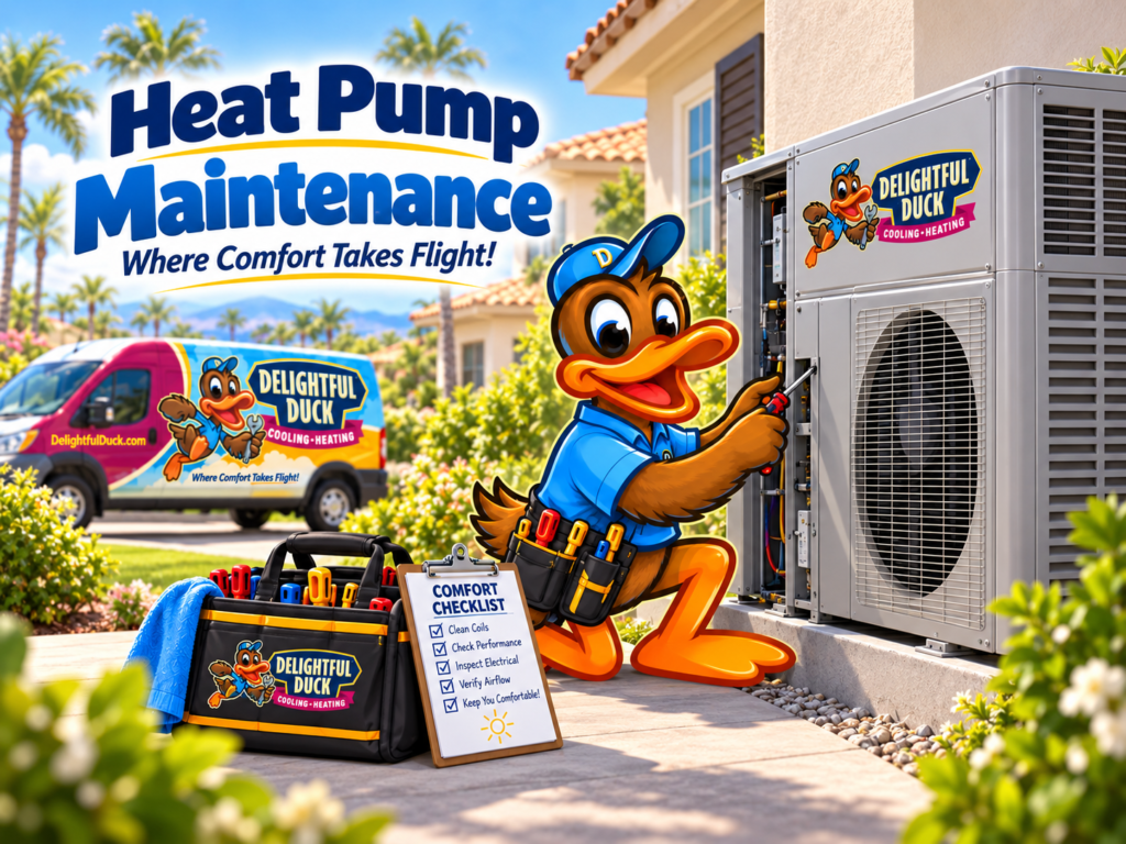 Delightful Duck HVAC mascot servicing an outdoor heat pump beside a California home, with tools and a comfort maintenance checklist.