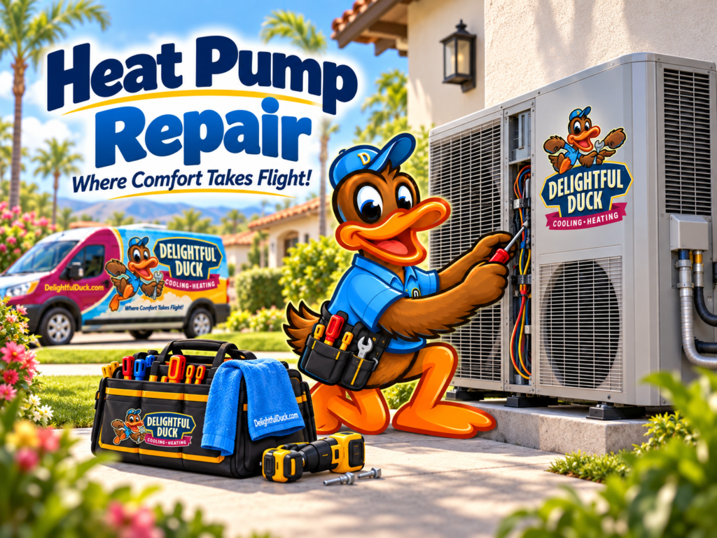Delightful Duck HVAC mascot repairing an outdoor heat pump beside a California home, with service tools and company van visible.