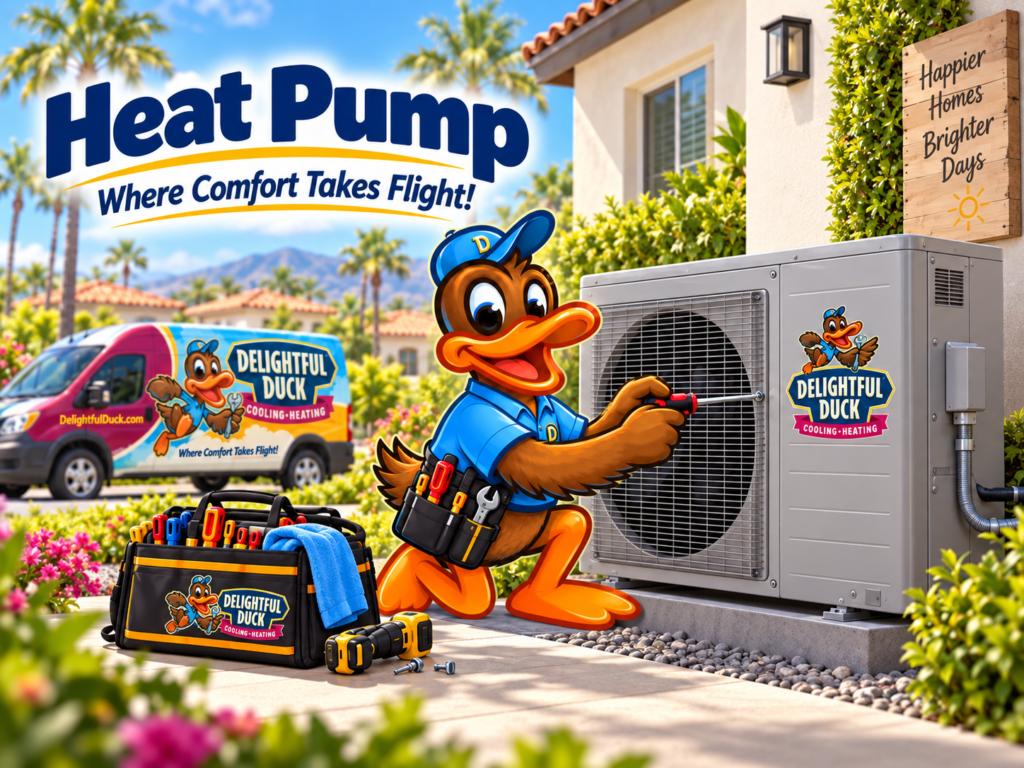 Delightful Duck HVAC mascot servicing an outdoor heat pump beside a Southern California home with a branded service van and tools.