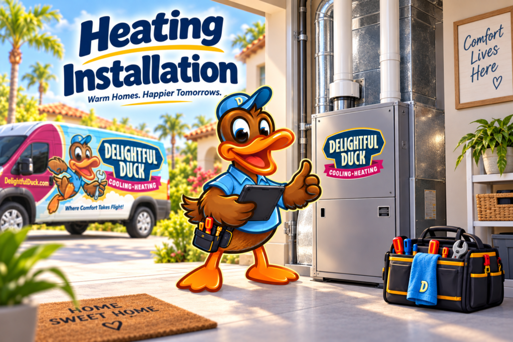 Delightful Duck HVAC mascot beside a residential furnace, service van, and tools promoting heating installation.