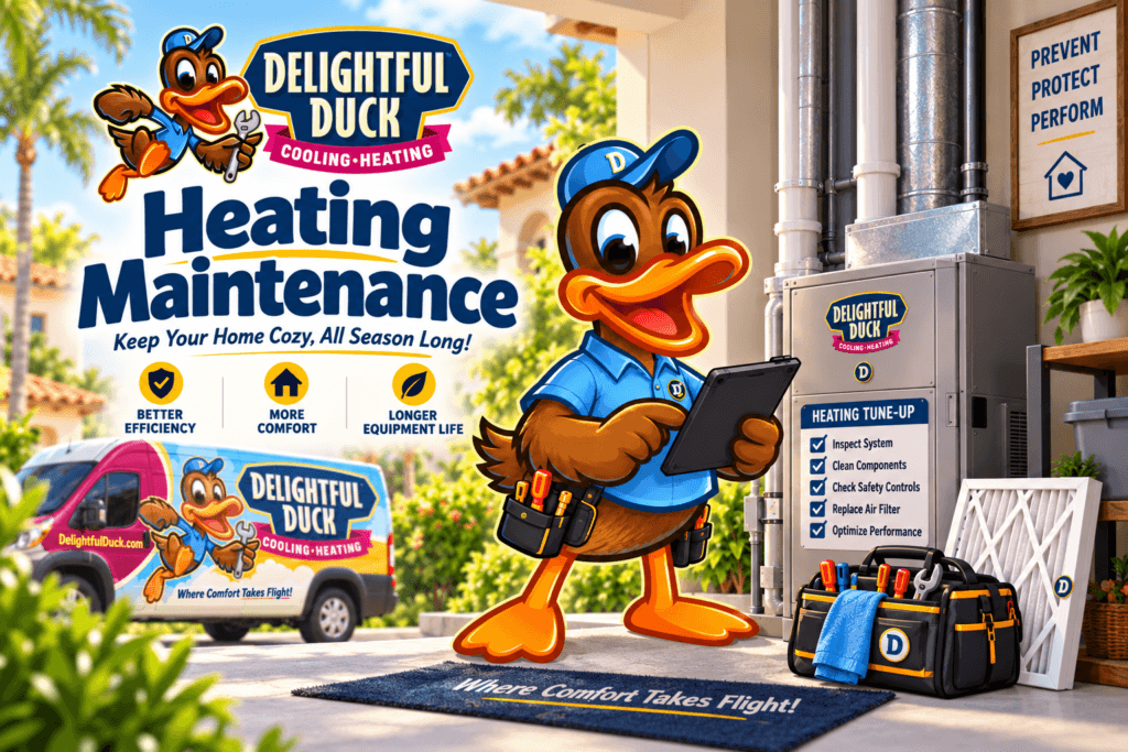 Delightful Duck heating maintenance graphic featuring the duck mascot reviewing a furnace tune-up checklist beside a residential heating system.
