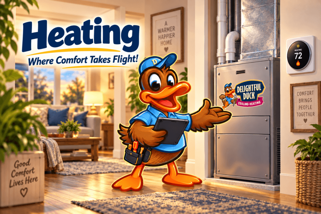 Delightful Duck HVAC mascot illustration beside a residential gas furnace and smart thermostat in a warm home.