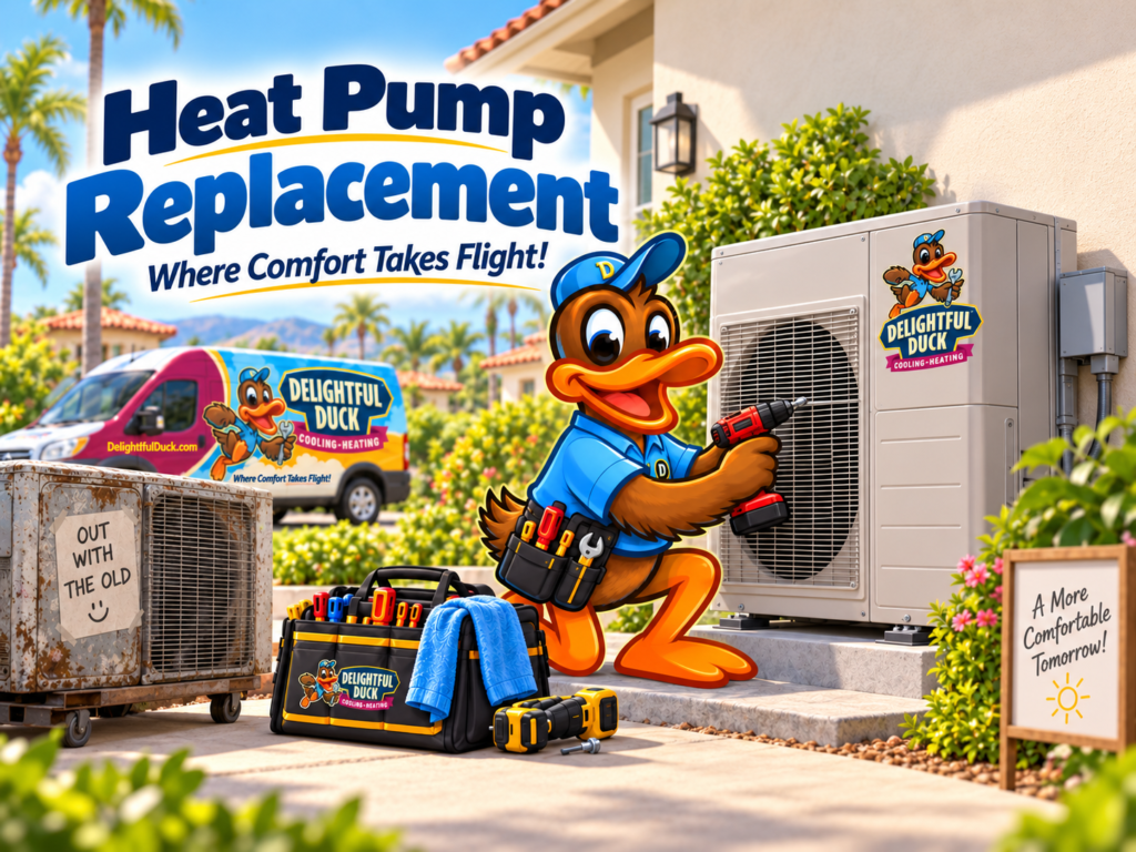 Delightful Duck mascot replacing an old outdoor heat pump with a new unit, illustrating heat pump replacement service.