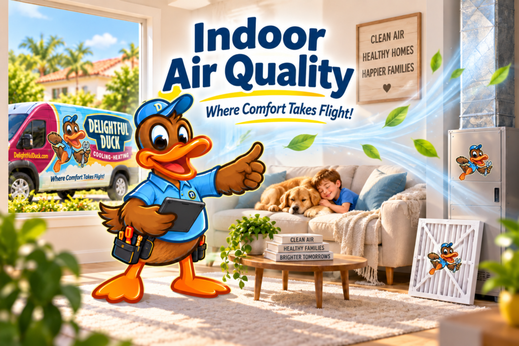 Delightful Duck mascot promoting indoor air quality in a home with an HVAC filter, ductwork, clean-air message, and branded service van.