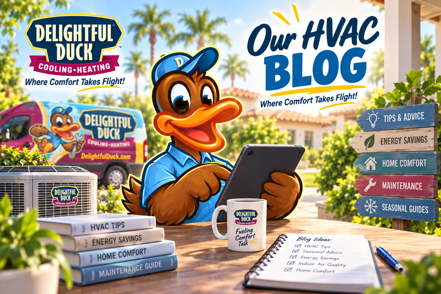 Delightful Duck HVAC mascot reviewing cooling and heating blog ideas beside an outdoor AC condenser and branded service van.