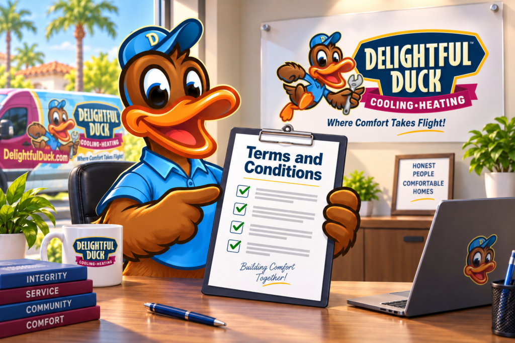 Delightful Duck Cooling and Heating mascot holding a Terms and Conditions clipboard in a branded office setting.