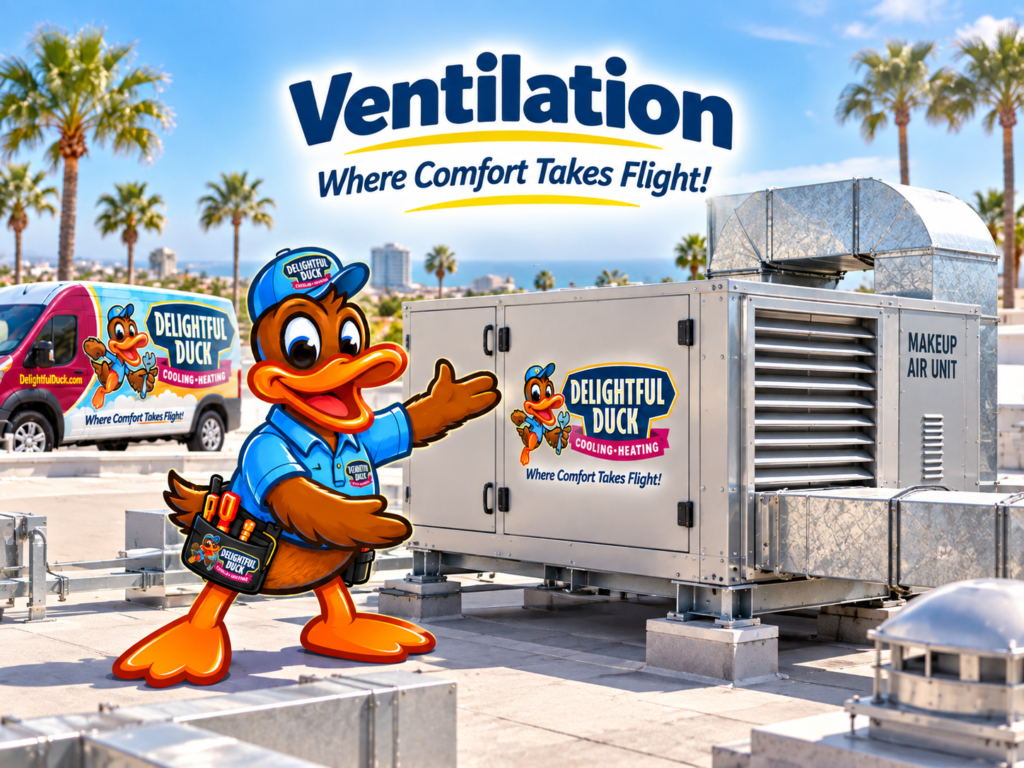Delightful Duck mascot beside a commercial makeup air unit on a sunny rooftop, representing ventilation services.