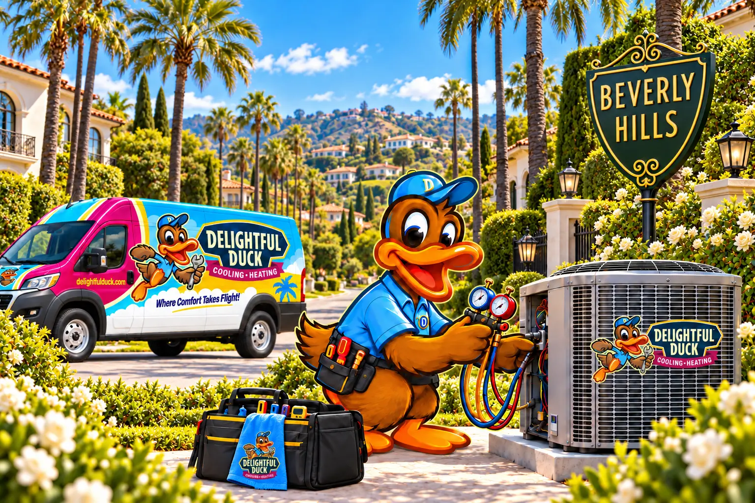 Delightful Duck HVAC illustration in Beverly Hills with city sign, original wrench-holding logos, matching palm van wrap and branded towel.