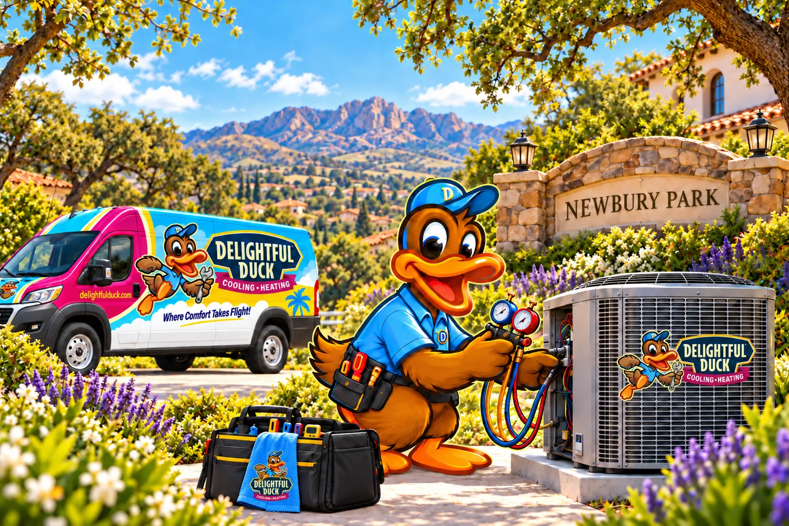 Delightful Duck HVAC illustration in Newbury Park with city sign, original wrench-holding logos, matching palm van wrap and branded towel.