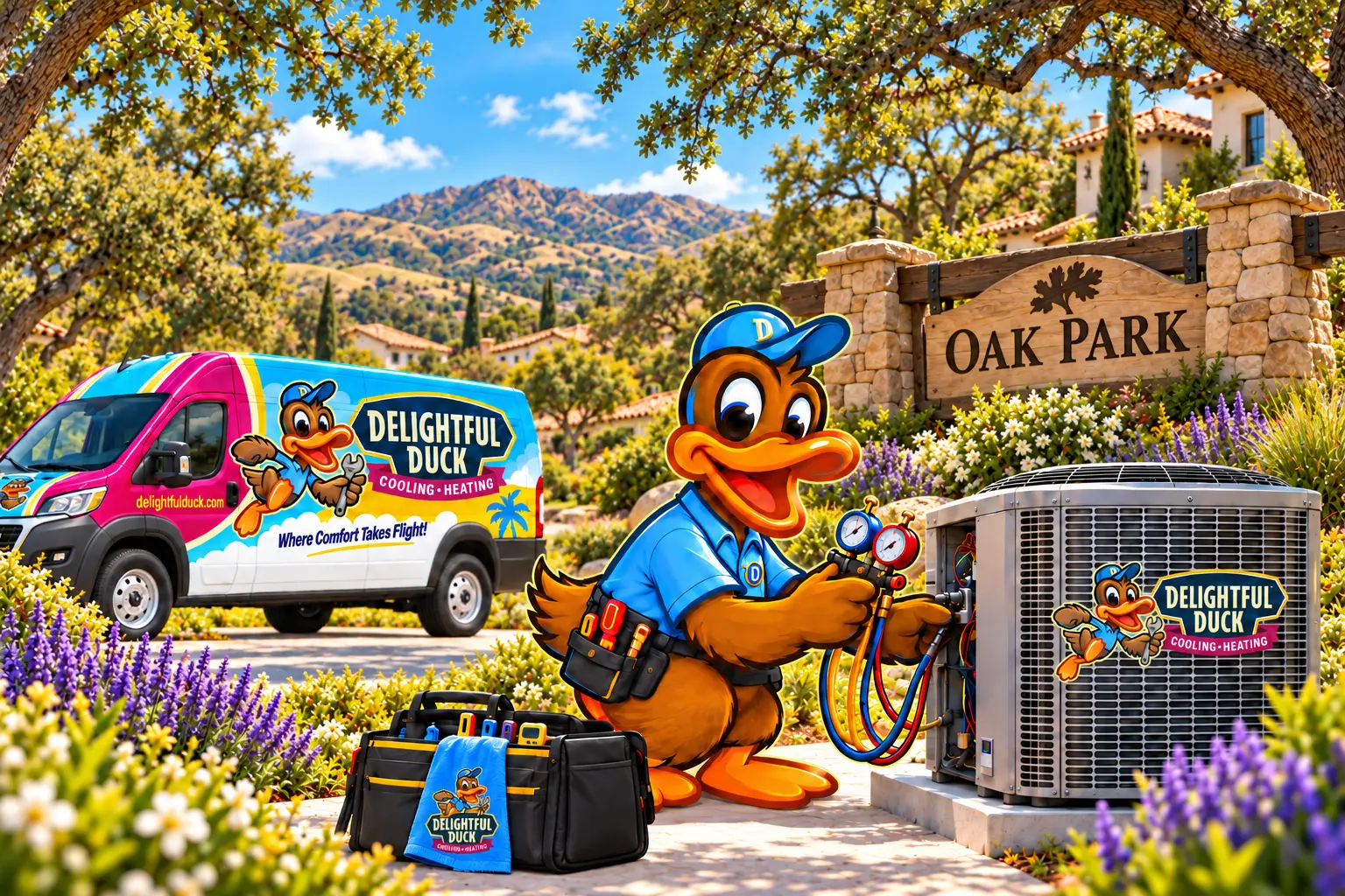 Delightful Duck HVAC illustration in Oak Park with city sign, original wrench-holding logos, matching palm van wrap and branded towel.