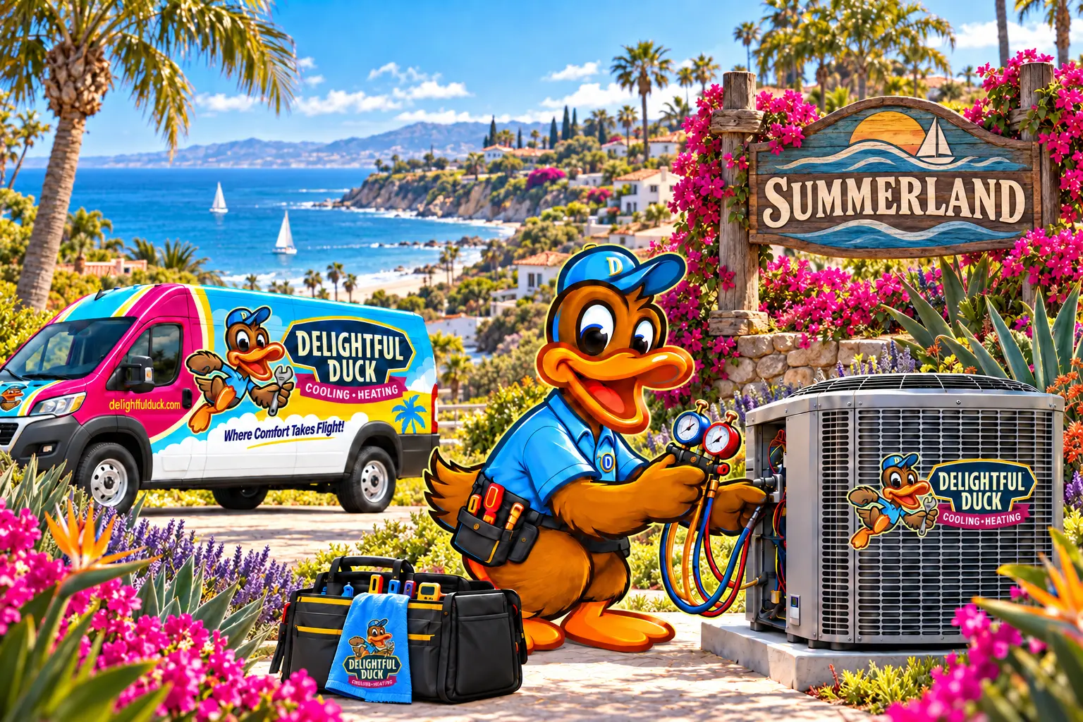 Delightful Duck HVAC illustration in Summerland with city sign, original wrench-holding logos, matching palm van wrap and branded towel.